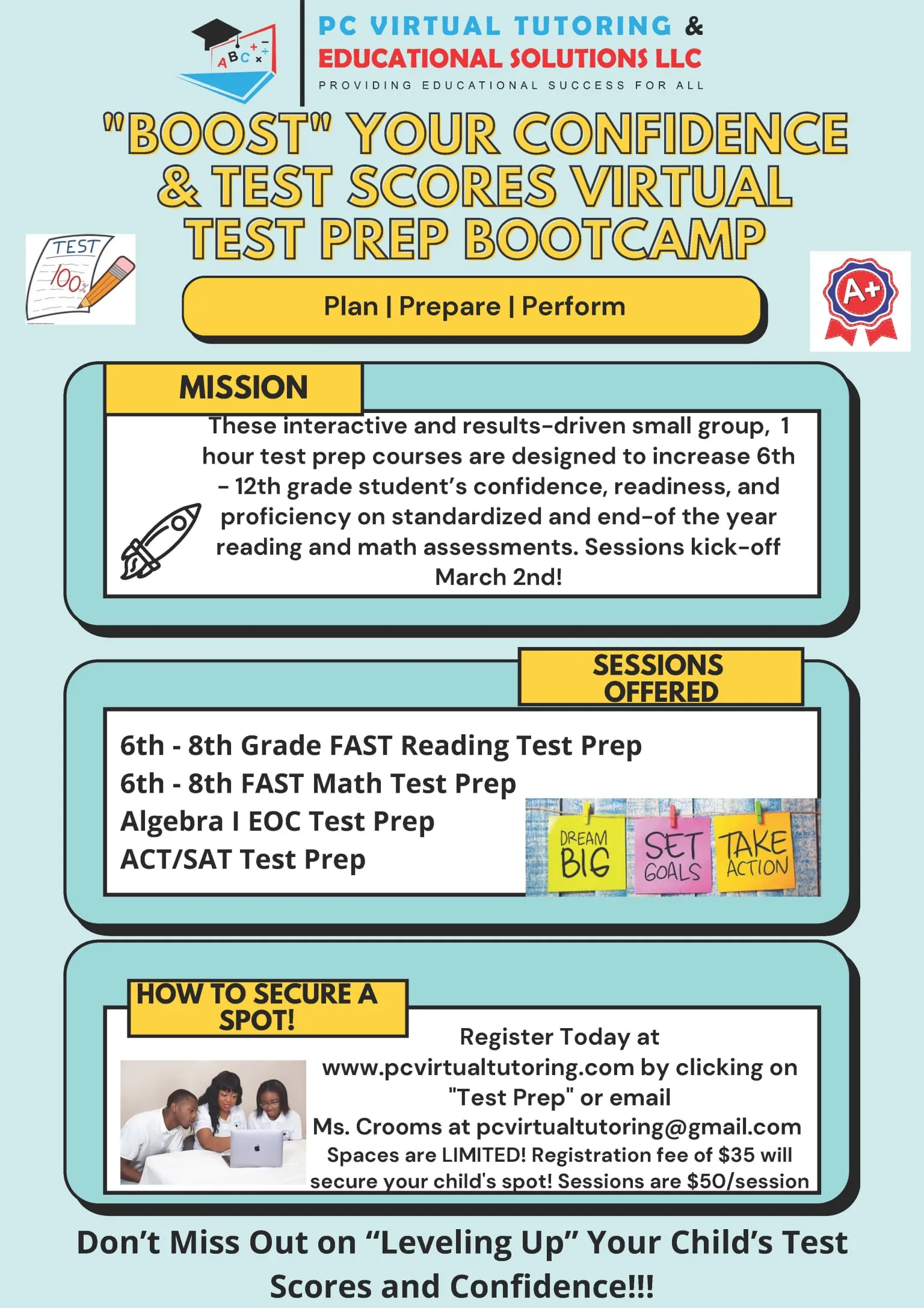 Spring 2024 FAST, EOC, ACT and SAT bootcamp flyer