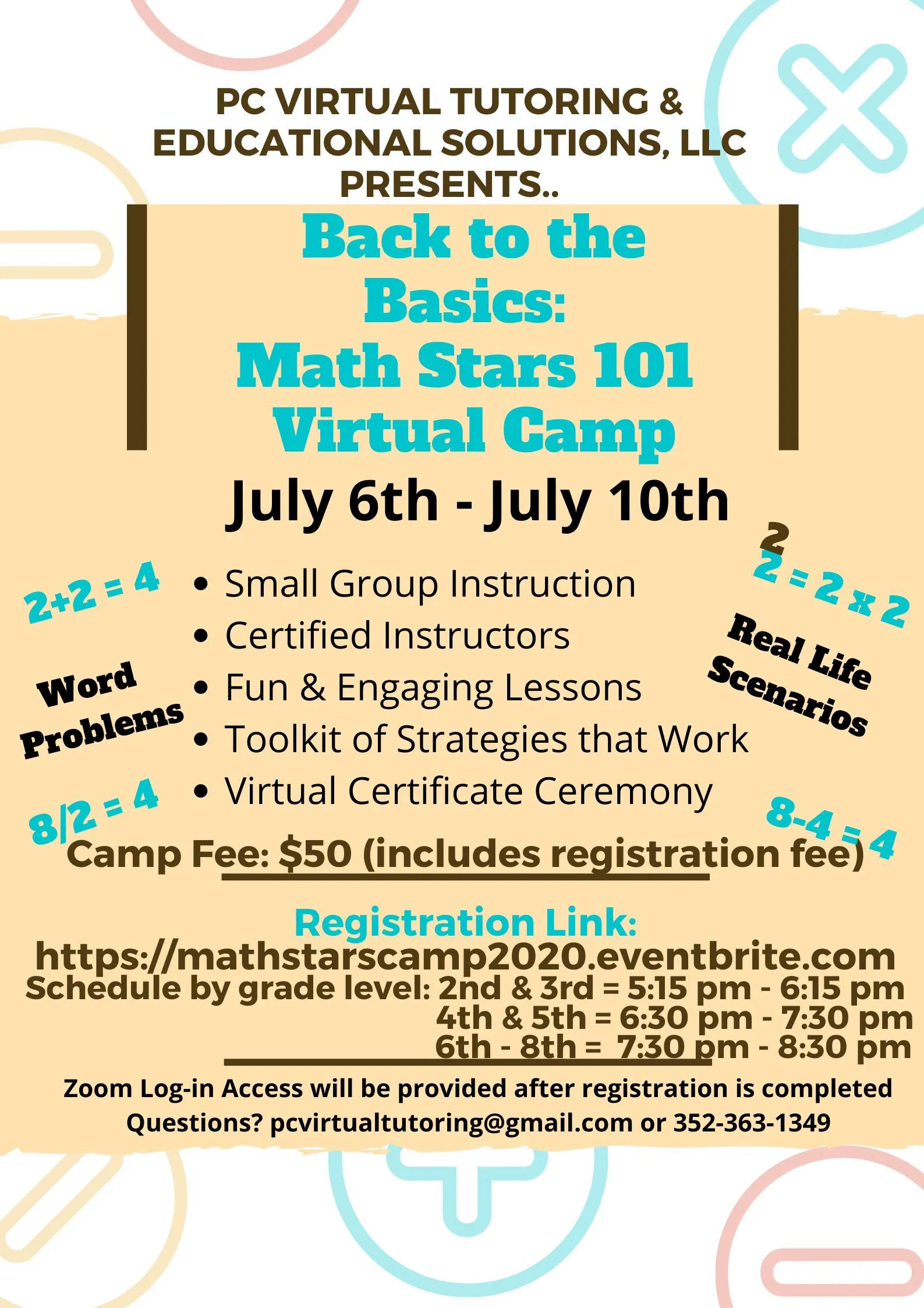 Math Stars virtual math camp 2020 flyer