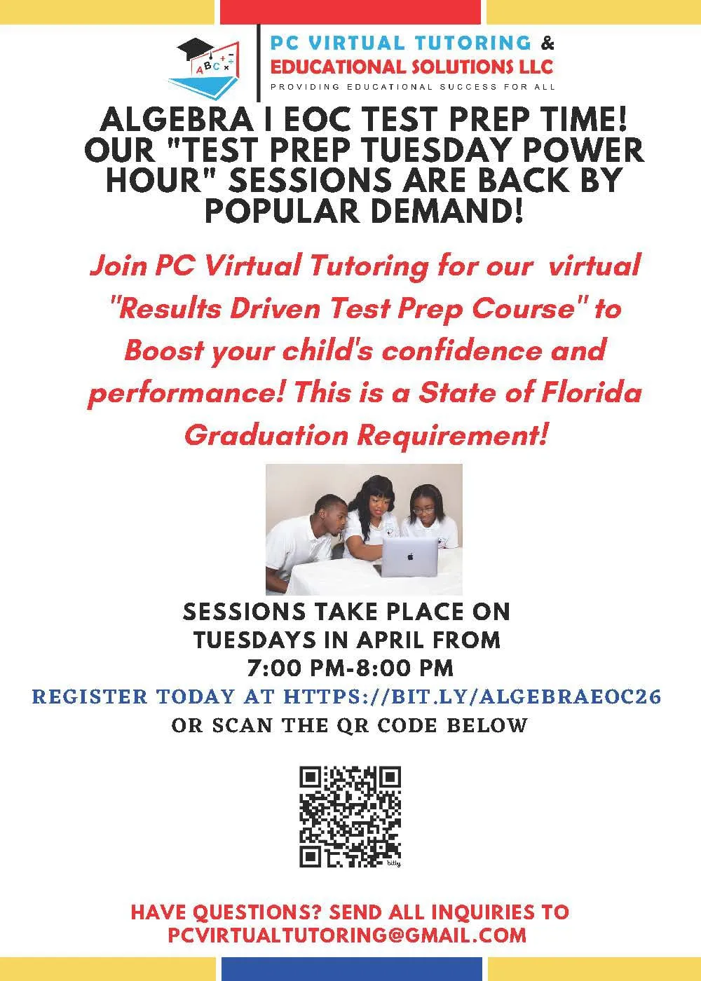 Spring 2026 Algebra I EOC test prep flyer
